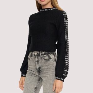 Dee Elly Black With White Contrast Stitch Balloon Sleeve Sweater size large